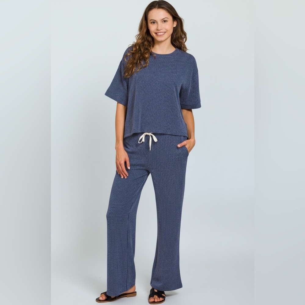 Zenana Women's Blue Ribbed Lounge Set